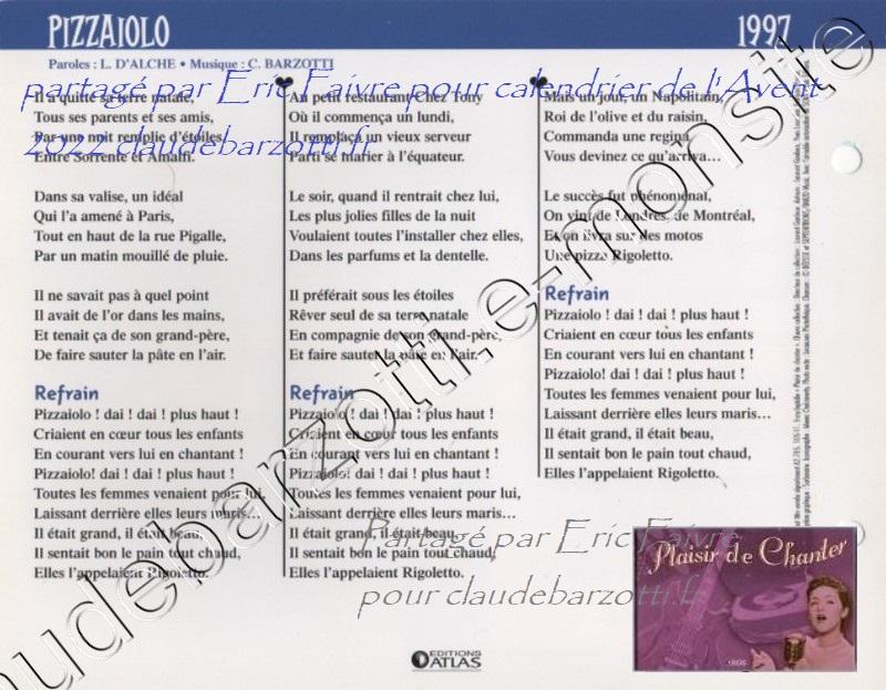 Fiche chanson Pizzaiolo (verso) Fiche chanson Pizzaiolo